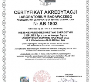 Certyfikat akredytacji laboratorium badawczego